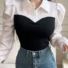 قميص ابيض واسود  قطعة وحدة متصلة ستايل كوري مخصر ومطاط